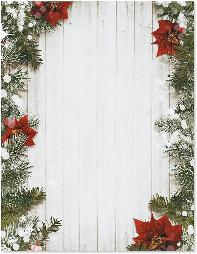 Poinsettia Pine Christmas Stationery - Holiday Letters, Computer Printer Paper, 25 Sheets, 8½ x 11 Inch, by Current