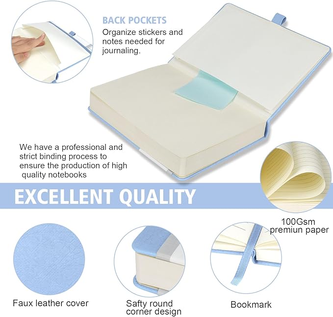 Lined Journal Notebook, 360 Numbered Pages(With page number), Thick Journal for Writing A5 College Ruled Notebook, 100gsm Lined Paper, Leather Hardcover, 5.75'' X 8.38''-1 Pack, Sky Blue