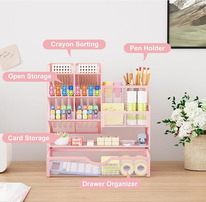 Marbrasse Mesh Pen Holder for Desk, Desk Organizer with Drawer, Multi-Functional Pencil Organizer, Desk Organizers and Accessories for Office Art Supplies (Pink)