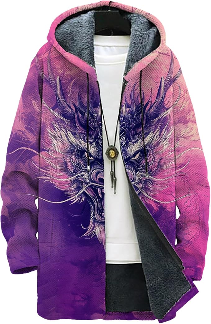 MARSVOVO Mens Cardigan Sweater Cool Graphic Lined Fleece Long Coat Zip With Pockets Fashion Coat Warm Fitted Jacket