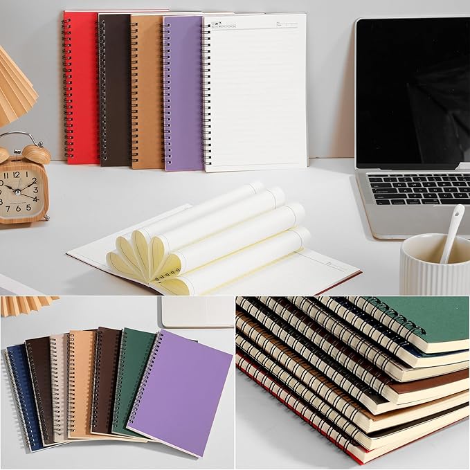 Leelosp 12 Pack Small Spiral Notebook A5 Lined College Ruled Spiral Journal Notebook 5.5 x 8.3 Inch Kraft Cover, 120 Pages for Work Students Office Business(Dark Color)