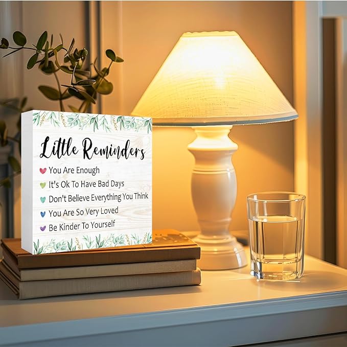 Little Reminders Desk Sign, Inspirational Decor, Morning Reminders Wooden Block Sign for Tabletop Shelf, College Motivational Positive Affirmation Gifts for Women
