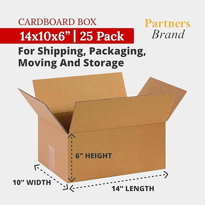 Partners Brand 14x10x6 Corrugated Cardboard Boxes for Packing, Moving, & Shipping, 14"L x 10"W x 6"H, Pack of 25 | Packaging Storage Box for Business, Strong Wholesale Bulk Boxes