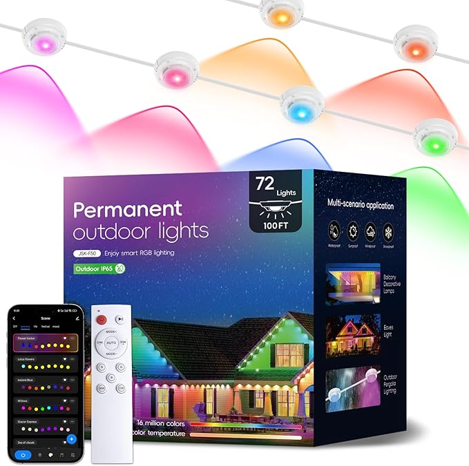 Permanent Outdoor Lights Pro, 100ft with 72 RGB LED Lights for Daily and Accent Lighting, IP65 Waterproof Smart Eaves String Lights with App & Remote,Rainbow Light for Halloween,Christmas-100FT