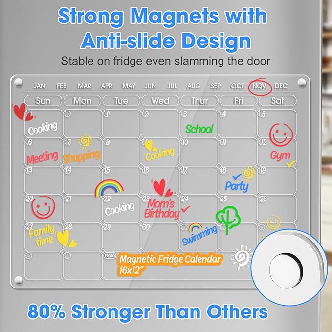 Magnetic Acrylic Calendar for Fridge Refrigerator Monthly Dry Erase Board w/ 8 Markers & Magnetic Pen Holder, Organic Glass Clear Planning Whiteboard Workout Board Meal Planner Magnetic 16x12''
