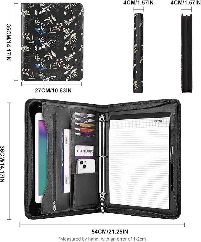 Leathario Portfolio Binder, Includes 5 Folder Index Dividers and 3 Notepads, 3-Ring Folder Organizer, Padfolio with Zipper, Vegan Leather Tablet Sleeve, Business Office Conference Clipboards