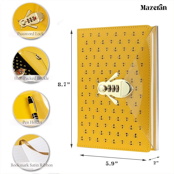 Mazeran Bee Shaped Combination Lock Journal, PU Leather Hard Cover Notebook Cute Diary, A5 Lined Password Locking Personal Planner Secret Organizer Gift for Girls Women Daughter
