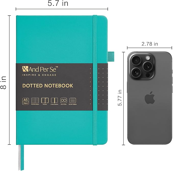 &And Per Se Dotted Journal Notebook, A5 Hardcover Leather Bullet Dotted Journal, 160 Pages 100 gsm Thick Paper, 3 Sheets of Stickers Included- 5.7'' x 8'' (Turquoise)