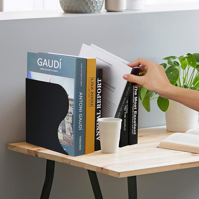 Olebes Adjustable Book Ends, Metal Non Skid Expandable Bookcase Bookend Stand Holder Book Storage Rack, Heavy Duty bookends for Shelf, Office Desk,Stationery (Black)