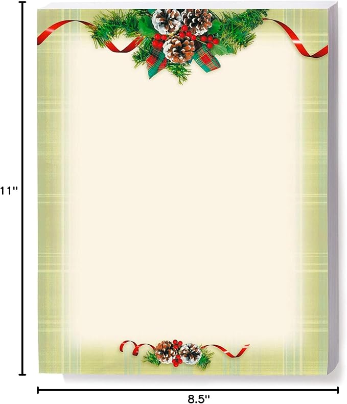 PaperDirect Natural Plaid Holiday Charm Border Paper, 8.5x11 Festive Stationery with Pine Boughs, Ribbons & Plaid Design for Cards, Invites, Scrapbooks & Seasonal Projects, 100 Sheets