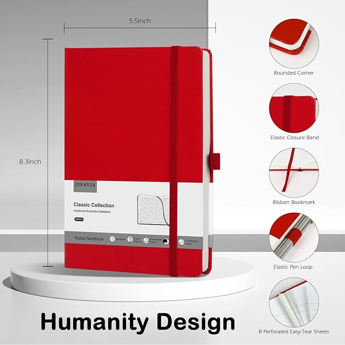 Lined Journal Notebooks for Work, Travel, College, A5 Size 100 GSM Thick Paper, Classic Ruled Journaling Notebook, Hardcover Notepad for Writing 160 Pages, 5.5 x 8.3 inch, Red