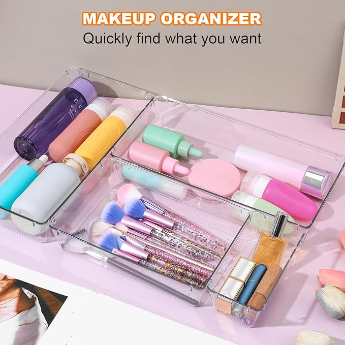 12 Pcs Clear Plastic Drawer Organizer, 12"x 6"x2", 9"x6"x2", 6"x3"x2", Kitchen Bathroom Fridge Utensil Vanity Drawer Organizers Tray Makeup Storage Organizer Drawers Trays for Organization Office