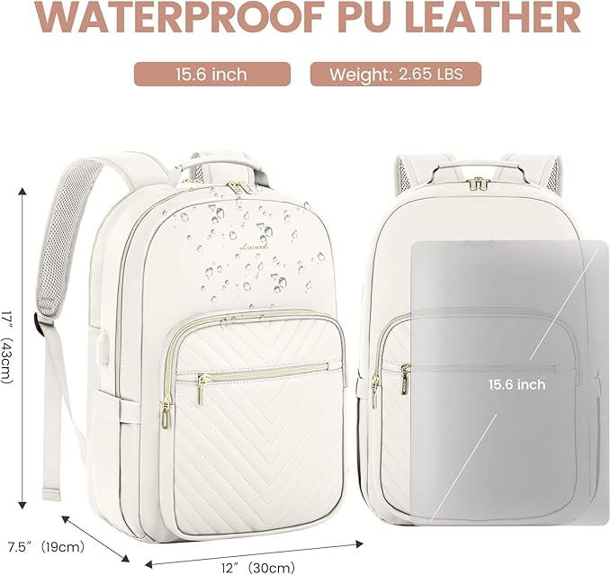 LOVEVOOK Leather Backpack for Women,15.6 inch Leather Laptop Backpack Women Computer Backpack Laptop Bag,Stylish Quilted Travel Backpack Purse Work Bag College Teacher Backpack with USB Port,Off-white