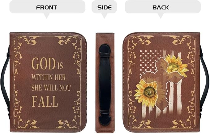 Lotusorchid Bible Case with Verse for Women Girls, Zippered PU Bible Book Cover with Handle Pocket Sunflower Pattern, Portable Durable Bible Cover Case Bible Cover Carrier Carrying Organizer Bag,L