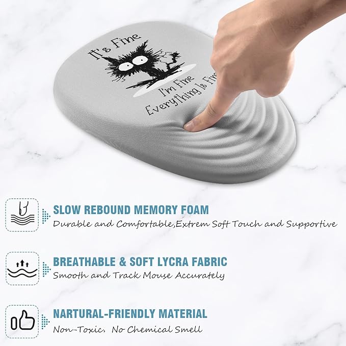 Mouse Pad, Ergonomic Mouse Pad with Wrist Rest Support and Non-Slip PU Base, Desktop Mousepad for Pain Relief, Computer, Office & Home, Grey Cat I'm Fine