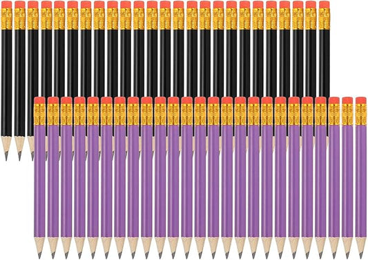 MECCANIXITY Golf Pencils with Erasers, 4" HB Mini Half Pencils Pre Sharpened Small Pens for Wedding Bridal Shower Game Office Writing Drawing(Purple/Black, Pack of 50)