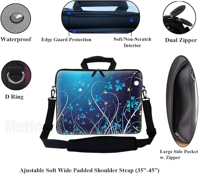 Meffort Inc 17 Inch Neoprene Laptop Bag with Extra Side Pocket, Soft Carrying Handle & Removable Shoulder Strap Fit 16" to 17.3" Size - Blue Mini Flower Swirl