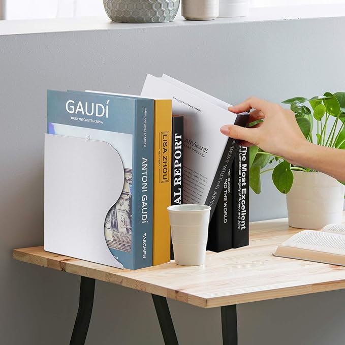 Olebes Adjustable Book Ends, Metal Iron Non Skid Boo kends, Expandable Bookcase Bookend Stand Holder Book Storage Rack, Heavy Bookends for Office Desk, Shelf, Stationery (White)