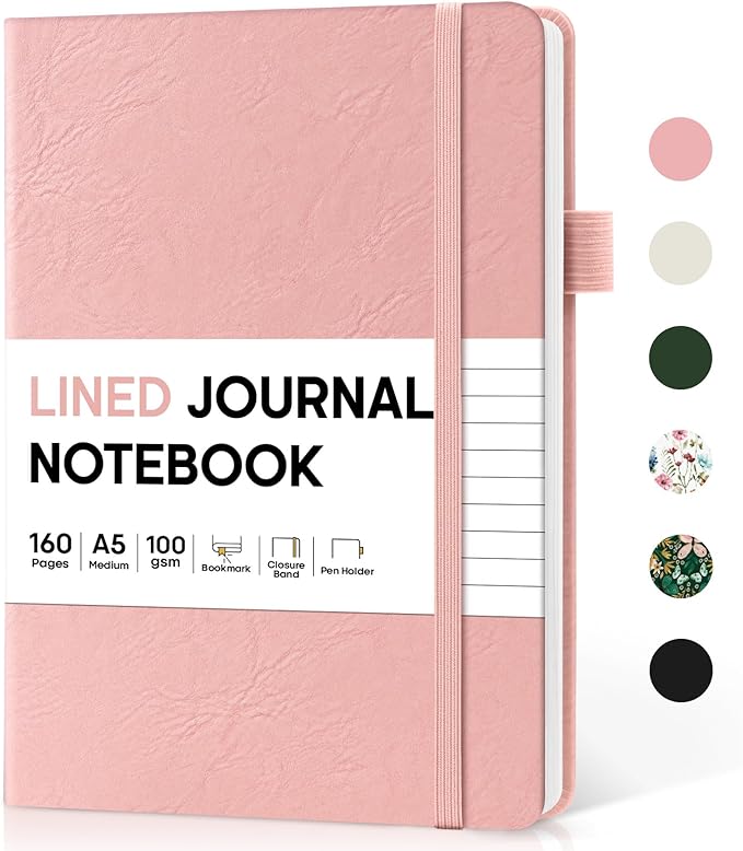 Lined Journal Notebook for Women & Men, Hardcover Leather Journal for writing, A5 College Ruled Notebook for Work & Note Taking, Perfect for Office School Home Supplies, 160 Pages, Pink