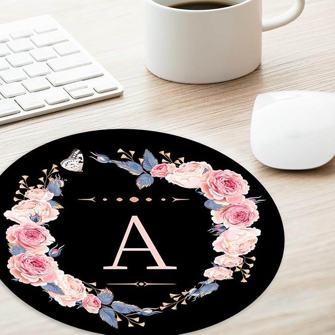 Letter A Black and Pink Flowers Round Mouse Pad,Funny Small Mouse Pad with Non-Slip Rubber Base,Mouse Mat,Home Office Decor Desk Accessories,8.7inch Round Mouse Pad