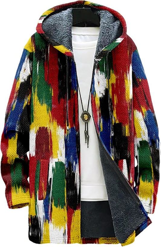 MARSVOVO Mens Cardigan Sweater Cool Graphic Lined Fleece Long Coat Zip With Pockets Fashion Coat Warm Fitted Jacket