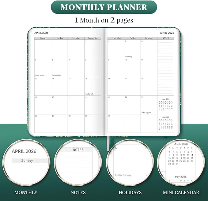 2026 Planner, 12 Month Weekly and Monthly Calendar 2026, Hardcover Daily Agenda Planners from Jan. to Dec, Habit Tracker Journal with Ribbon Bookmark 5.75" x 8.4"(Peacock Green)
