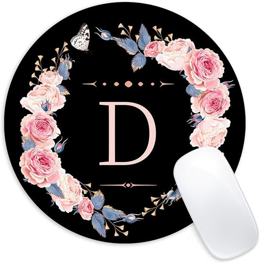Letter D Black and Pink Flowers Round Mouse Pad, Funny Small Mouse Mat with Non-Slip Rubber Base, Home Office Decor Desk Accessory, 8.7inch Round