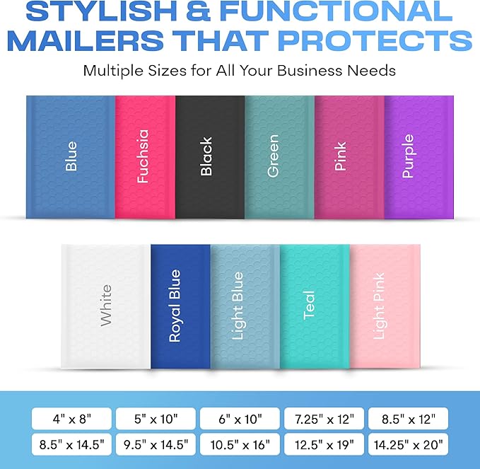 Light Blue Large Poly Bubble Mailers 9.5x14.5 inch #4 | Self Seal Padded Envelopes Cushioned Bubble Mailer | Usable Size 9.5x13.5 | WaterProof | Lightweight mailing Shipping Bags | 200 Pack Bulk