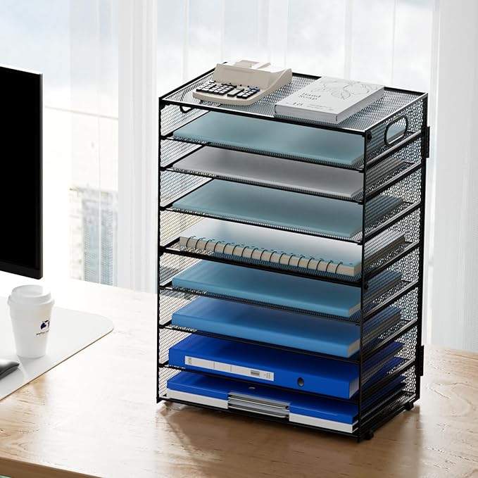 Marbrasse Paper Organizer Letter Tray, 9 Tier Mesh File Organizer with Handle, Paper Sorter Desk Organizer for Home Office Supplies