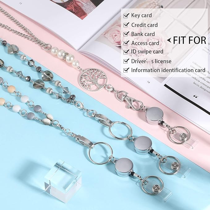 Hicarer 3 Pcs ID Badge Lanyard Necklace with ID Holder Clip Stainless Steel Beaded Chain Retractable Badge Reel Valentine (Chic Style)