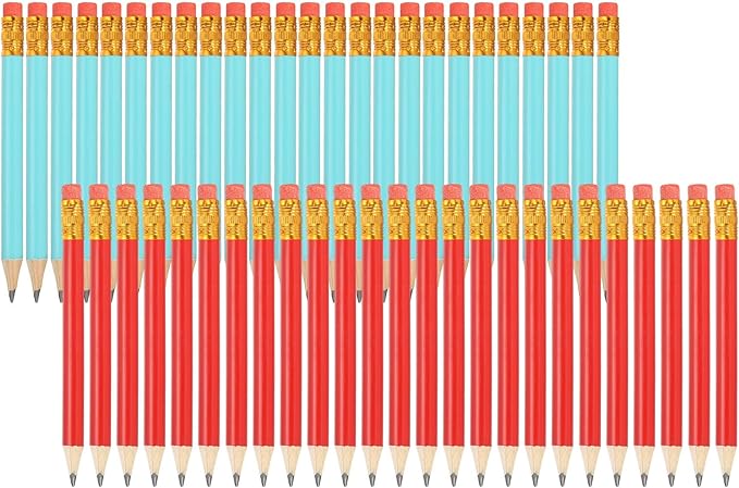 MECCANIXITY Golf Pencils with Erasers, 4" HB Mini Half Pencils Pre Sharpened Small Pens for Wedding Bridal Shower Game Office Writing Drawing(Blue/Red, Pack of 50)