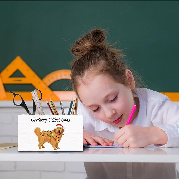 Merry Christmas Golden Retriever Pen Holder for Desk, Holiday Xmas Dog Wooden Box Sign Desk Decor for Home Office Decoration, Dog Pencil Organizer, Golden Retriever Christmas Decor