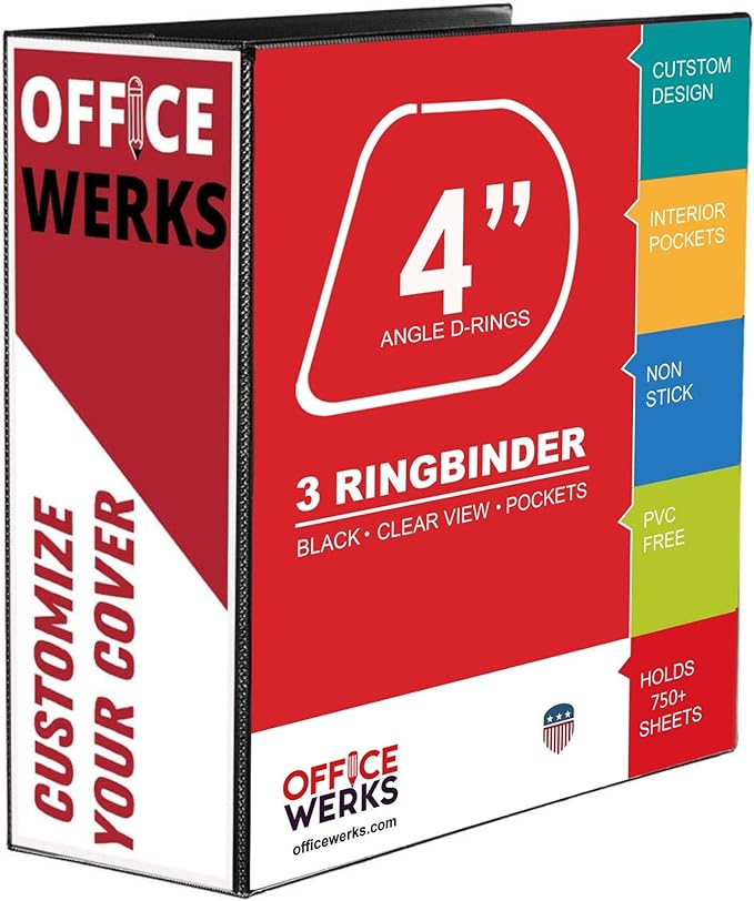Performore 3 Ring Binder, Professional Angle D 4 Inch, Presentation Folder for Standard Pages 8.5 x 11 with Pockets, Crystal Clear View Black Binder (4 Pack) - Ideal for Office Supplies