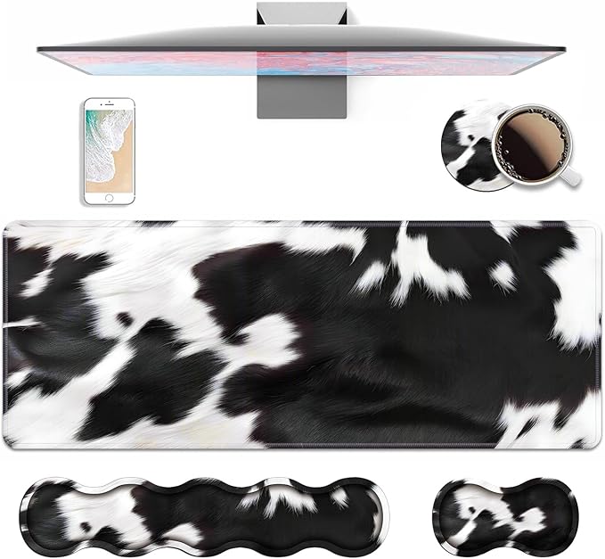 4 in 1 Ergonomic Keyboard Wrist Rest & Mouse Pad Wrist Rest Set, Large XXL Gaming Desk Mat 31.5"x 11.8" with Non-Slip Base, Memory Foam for Home Office Study Gaming, Black and White Cow Print