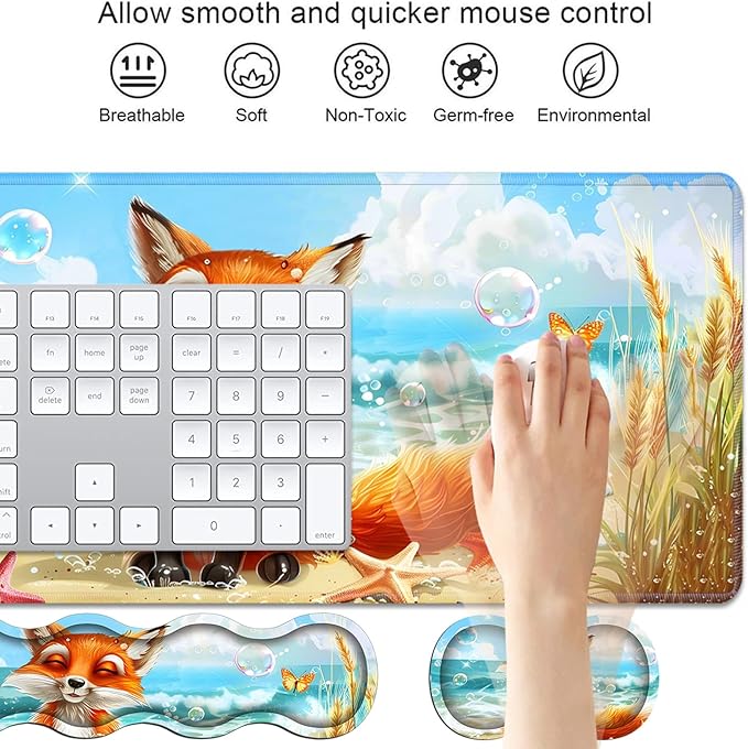 4 in 1 Ergonomic Keyboard Wrist Rest & Mouse Pad Wrist Rest Set, Large XXL Gaming Desk Mat 31.5"x 11.8" with Non-Slip Base, Memory Foam for Home Office Study Gaming, Fox
