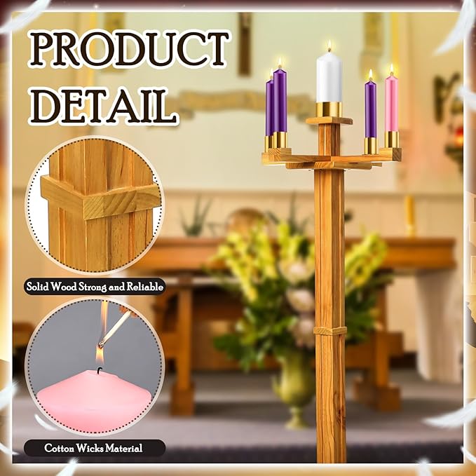 Mumufy 48 Inch Tall Advent Church Stand Candleholder Set of 5 Purple Pink White Candles Wood Nativity Candle Stand with Metal Arch Christmas Candlestick Holder for Christmas Church Holy(Natural Wood)
