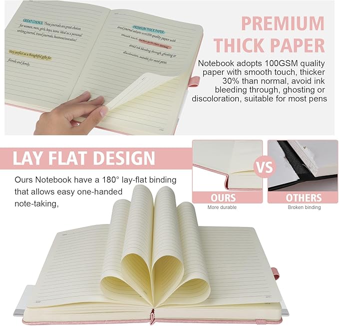 Lined Journal Notebook, 360 Numbered Pages(With page number), Thick Journal for Writing B5 College Ruled Notebook, 100gsm Lined Paper, Leather Hardcover, 9.8'' X 6.9''-Pink