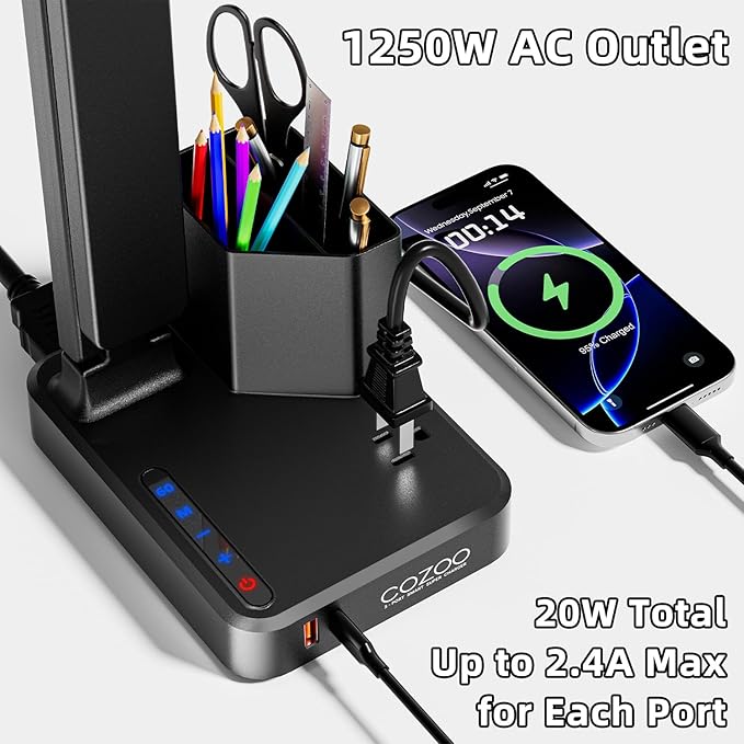 Desk Lamp,Desk Lamps for Home Office,COZOO LED Desk Lamp with 2 USB Charging Ports,2 Pen Holders,1 Outlet,3 Color 3 Brightness Levels,Touch/Memory/Timer,LED Desk Light Small Desk Lamp Kids Study Lamp