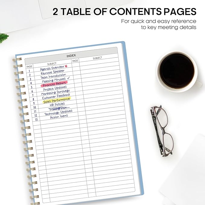 Meeting Notebook for Work Organization - Work Planner Notebook with Action Items, Agenda Planner for Note Taking, 160 Pages (6.9" X 9.9") Project Organizer for Men & Women - Sky Blue