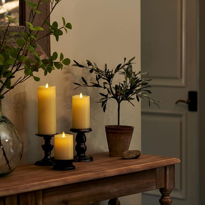 Luminara Realistic Flameless LED Set of 3 Ivory Pillar Candles, Home Safe Moving Flame Melted Top Illumination, Battery Operated Remote Control w/Timer