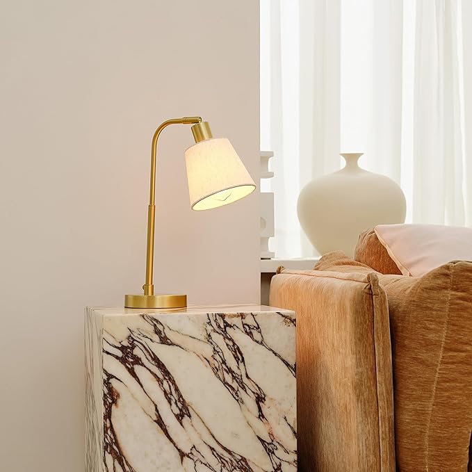 GLOBE Electric 61000057 16" Desk Lamp, Matte Brass Finish, White Shade, Adjustable Pivot Joint, Rotary Switch on Socket, Modern Lighting for Bedroom or Office, Indoor Lights, E26 Base