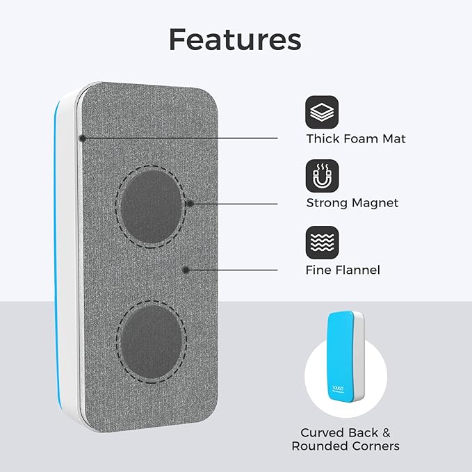 LOUKIN Magnetic Dry Erase Eraser, Whiteboard Eraser, Glass Board Eraser(Blue), One Bottle of 3.4 fl oz Whiteboard Cleaner Included, for Classroom, Home and Office Use