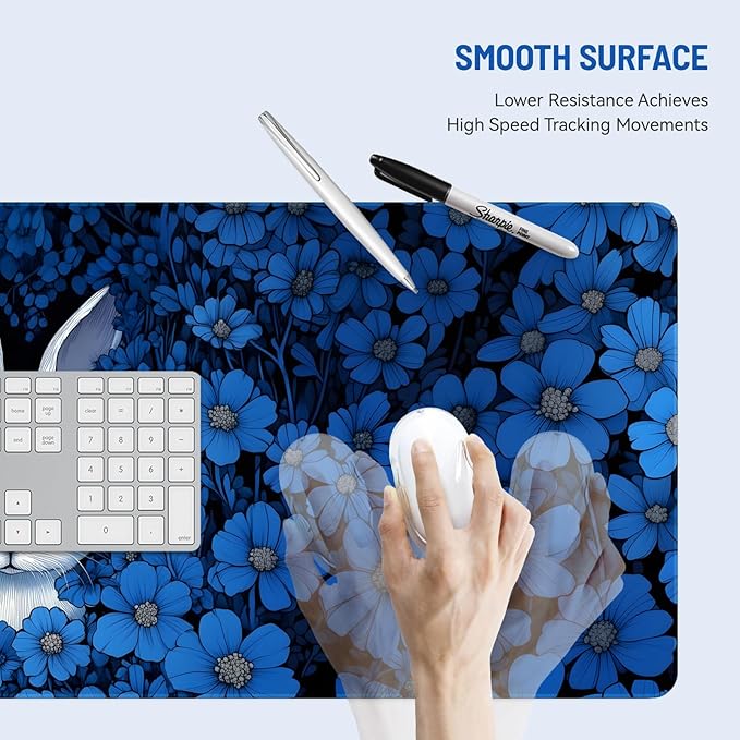 Mousepad Desk Mat Gaming Large Keyboard Cute Office Desktop Computer Laptop XXL Long Big Kawaii Aesthetic Girly Pretty Design Women Girl Gamer Oversized Wide 30x12'' Mousepad, Blue Rabbit