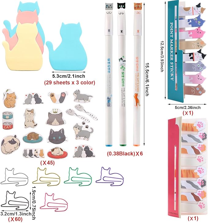 Outus Cat Office Supplies Cute Sticky Notes Paper Clips Gel Ink Pens Cartoon Stickers Party Favor for Cat Lovers Stationery School Office Supplies Desk Accessories(Cute Style)