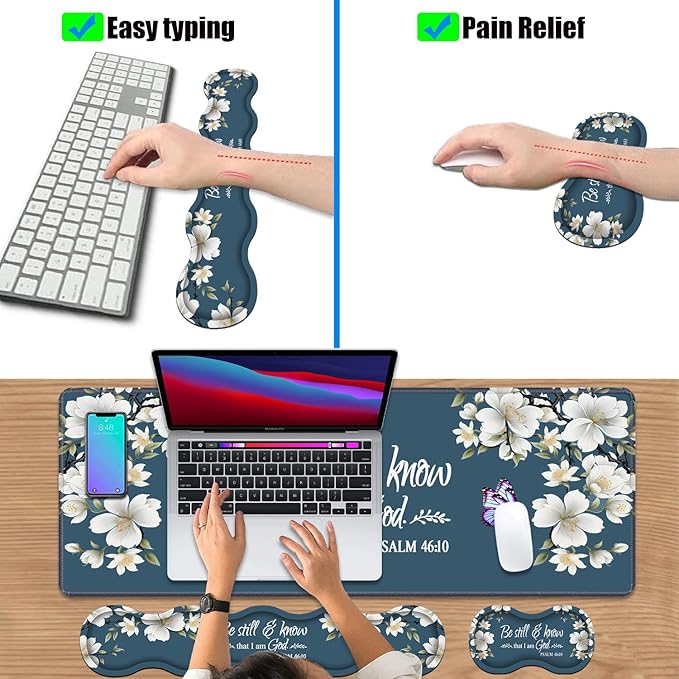 4 in 1 Ergonomic Keyboard Wrist Rest & Mouse Pad Wrist Rest Set,Large XXL Gaming Desk Mat 31.5"x 11.8" with Non-Slip Base,Memory Foam for Home Office Study Gaming,Floral Quote Bible Verse Psalm 46:10
