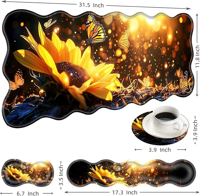 Large Mouse Pad and Keyboard Wrist Rest, Desk Pad for Keyboard and Mouse, 4-in-1 Large Gaming Mouse Pad with Wrist Support, Desk Mat for Home Office Study Game-Sunflower and Butterflies