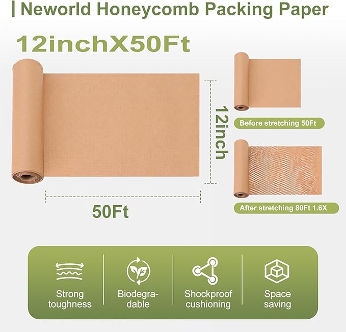 Neworld Honeycomb Packing Paper,Eco Friendly Bubble Cushioning Wrap for Moving,Products & Gifts Wrapping Paper,Recyclable Cushioning Packing Material(12" x 50') With 20 Fragile Sticker Labels