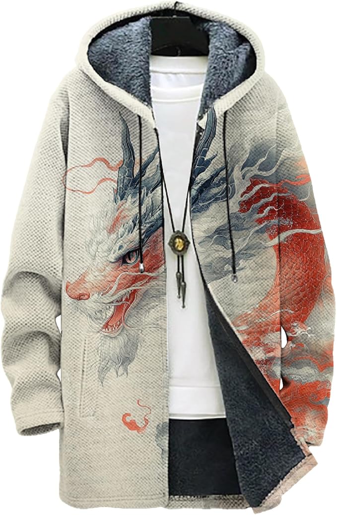 MARSVOVO Mens Cardigan Sweater Cool Graphic Lined Fleece Long Coat Zip With Pockets Fashion Coat Warm Fitted Jacket