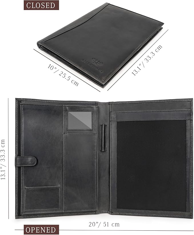 Leather Portfolio Professional Organizer Padfolio – Resume Folder, Document Binder w/Business Card Holder, Portfolios for Men & Women, Office & Business Supplies by Luxeoria | (Medium - Black)
