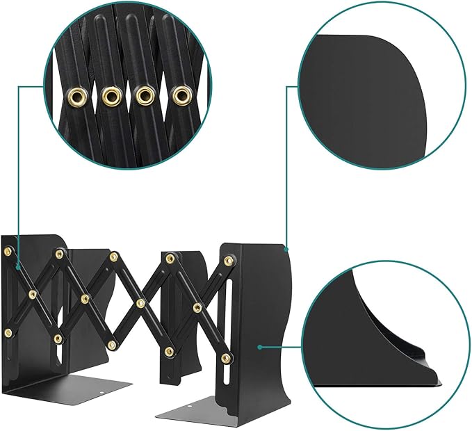 Olebes Adjustable Book Ends, Metal Non Skid Expandable Bookcase Bookend Stand Holder Book Storage Rack, Heavy Duty bookends for Shelf, Office Desk,Stationery (Black)